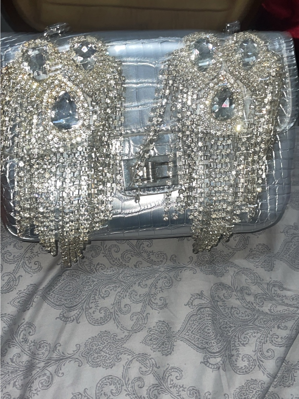 AKIRA Silver Croc-Embossed Evening Bag with Crystal Fringe